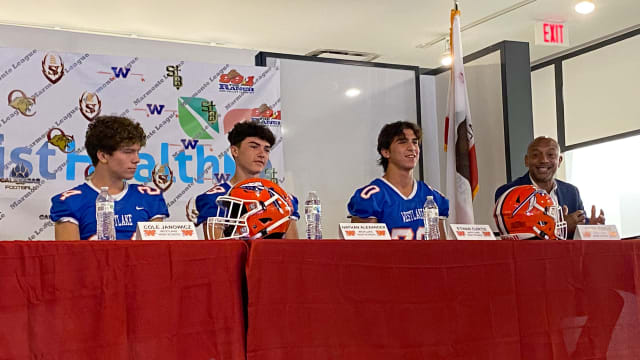 Westlake High football coach Mark Serve (far right) is out after being hired in 2021.